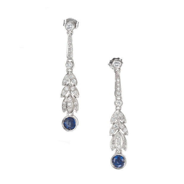 .90 Carat Blue Sapphire Diamond Platinum Art Deco Dangle Drop Earrings