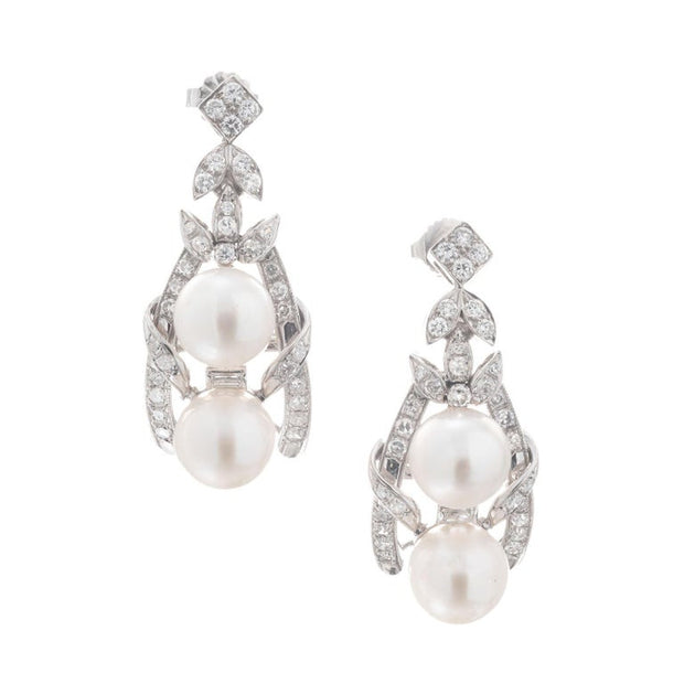 1.54 Carat Diamond Pearl White Gold Dangle Earrings