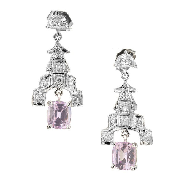 GIA Certified 2.10 Carat Pink Sapphire Diamond Platinum Dangle Earrings