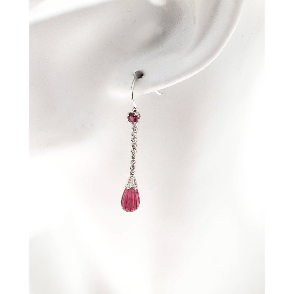 Diamond Pink Tourmaline Platinum Art Deco Engraved Hinged Wire Dangle Earrings – image 6