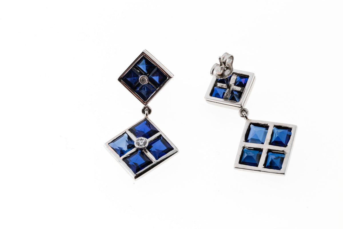 Retro Art Deco 14k White Gold Synthetic Sapphire Diamond Dangle Earrings – image 4