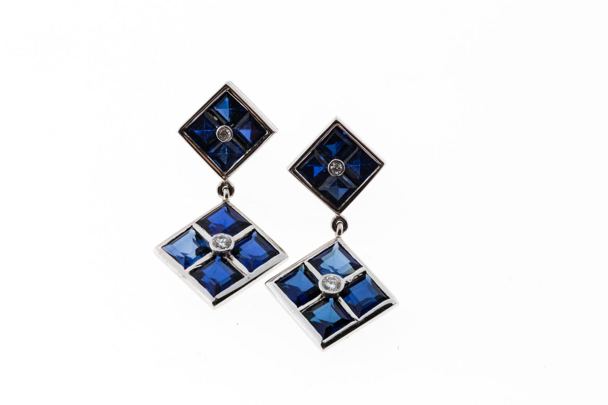 Retro Art Deco 14k White Gold Synthetic Sapphire Diamond Dangle Earrings
