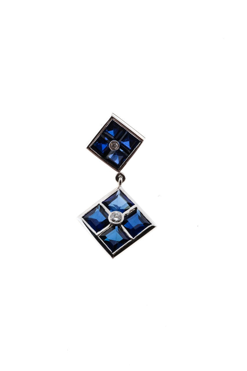 Retro Art Deco 14k White Gold Synthetic Sapphire Diamond Dangle Earrings – image 3
