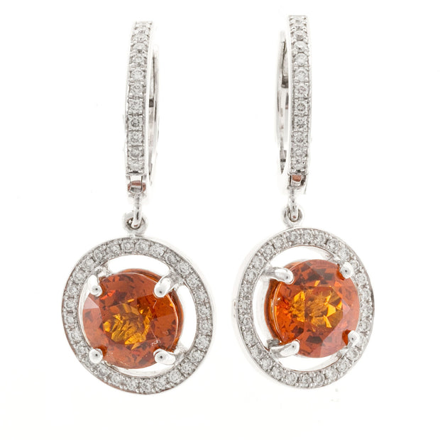 Vintage 4.01ct Spessartite Orange Garnet 18k White Gold Diamond Dangle Earrings