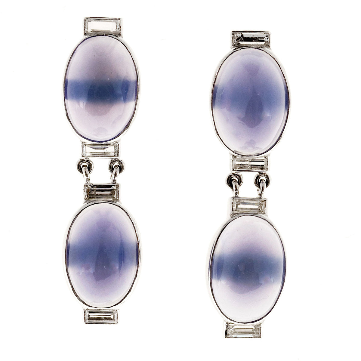 Vintage 8.00ct Blue Chalcedony Art Deco Platinum Diamond Hinged Dangle Earrings
