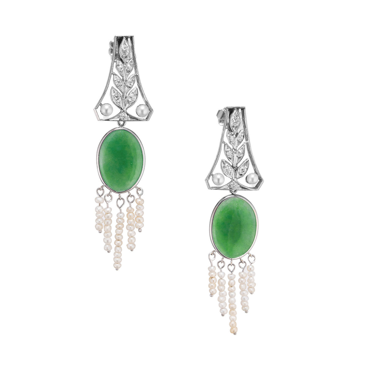 Natural Jadeite Jade Pearl Diamond Art Deco Platinum Dangle Earrings