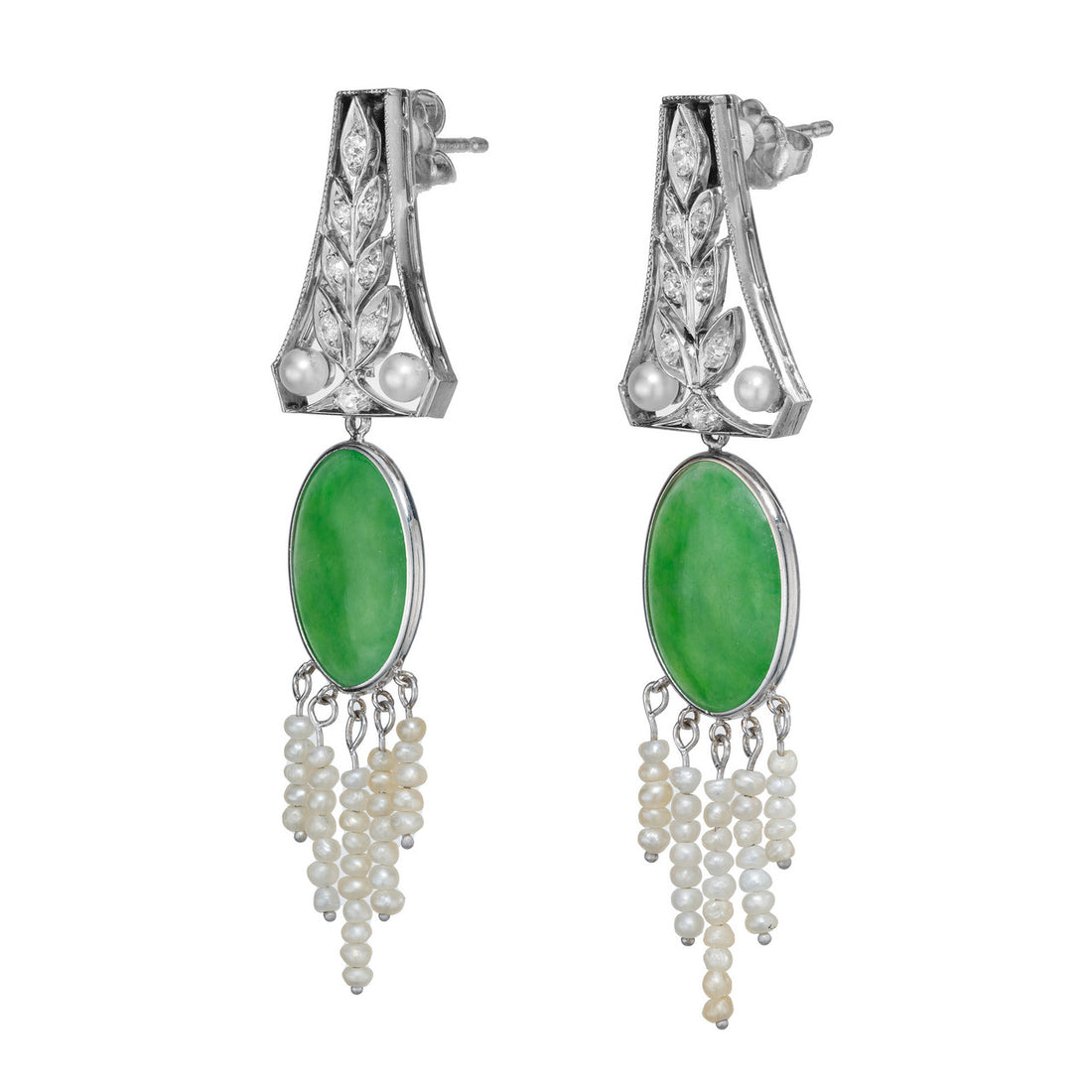 Natural Jadeite Jade Pearl Diamond Art Deco Platinum Dangle Earrings – image 4
