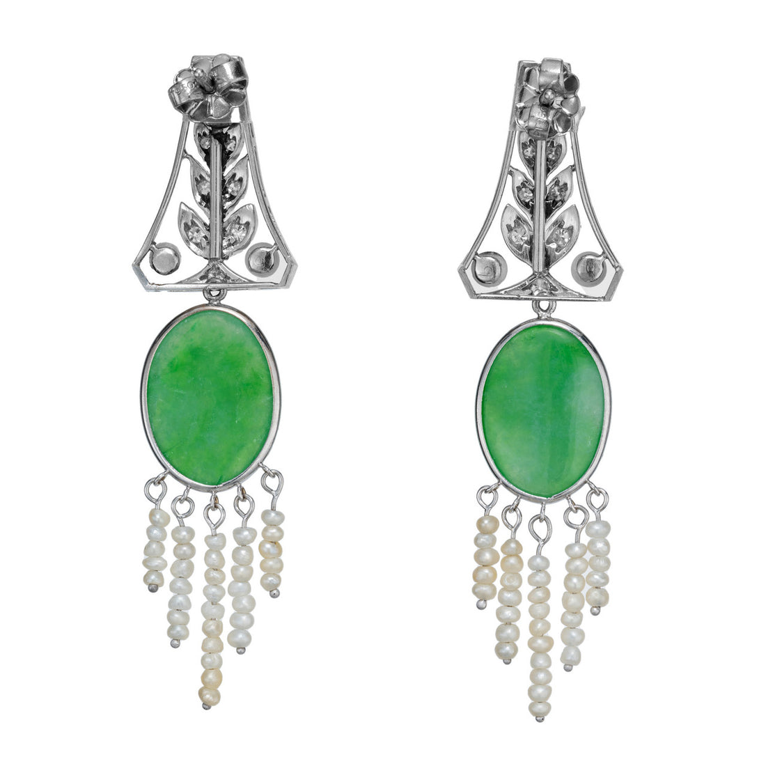 Natural Jadeite Jade Pearl Diamond Art Deco Platinum Dangle Earrings – image 2