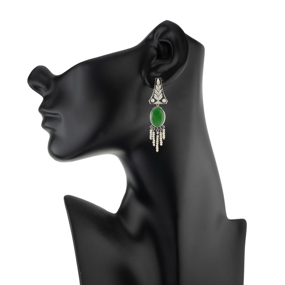 Natural Jadeite Jade Pearl Diamond Art Deco Platinum Dangle Earrings – image 6
