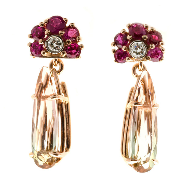 Vintage 4.43ct Bi Color Tourmaline Art Deco 1940 Pink Gold Ruby Diamond Earrings
