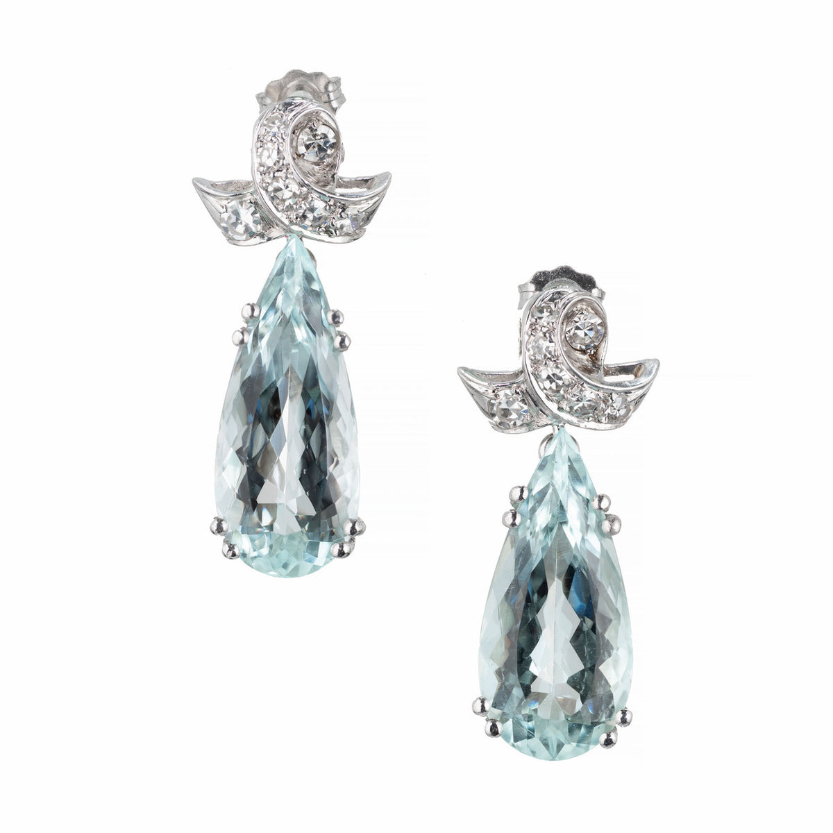 12.00 Carat Pear Shape Aqua Diamond Dangle Platinum Earrings