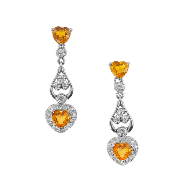 1.53 Carat Yellow Heart Shape Sapphire Diamond Gold Dangle Drop Earrings