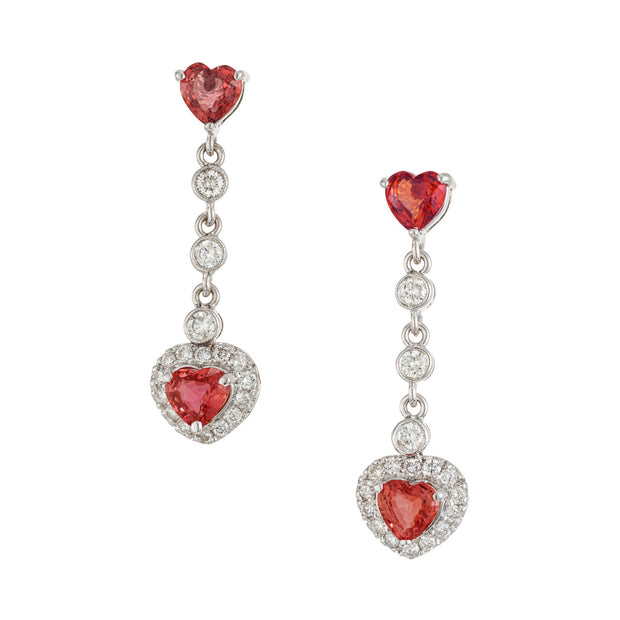 1.50 Carat Orange Heart Sapphire Diamond Gold Drop Dangle Earrings