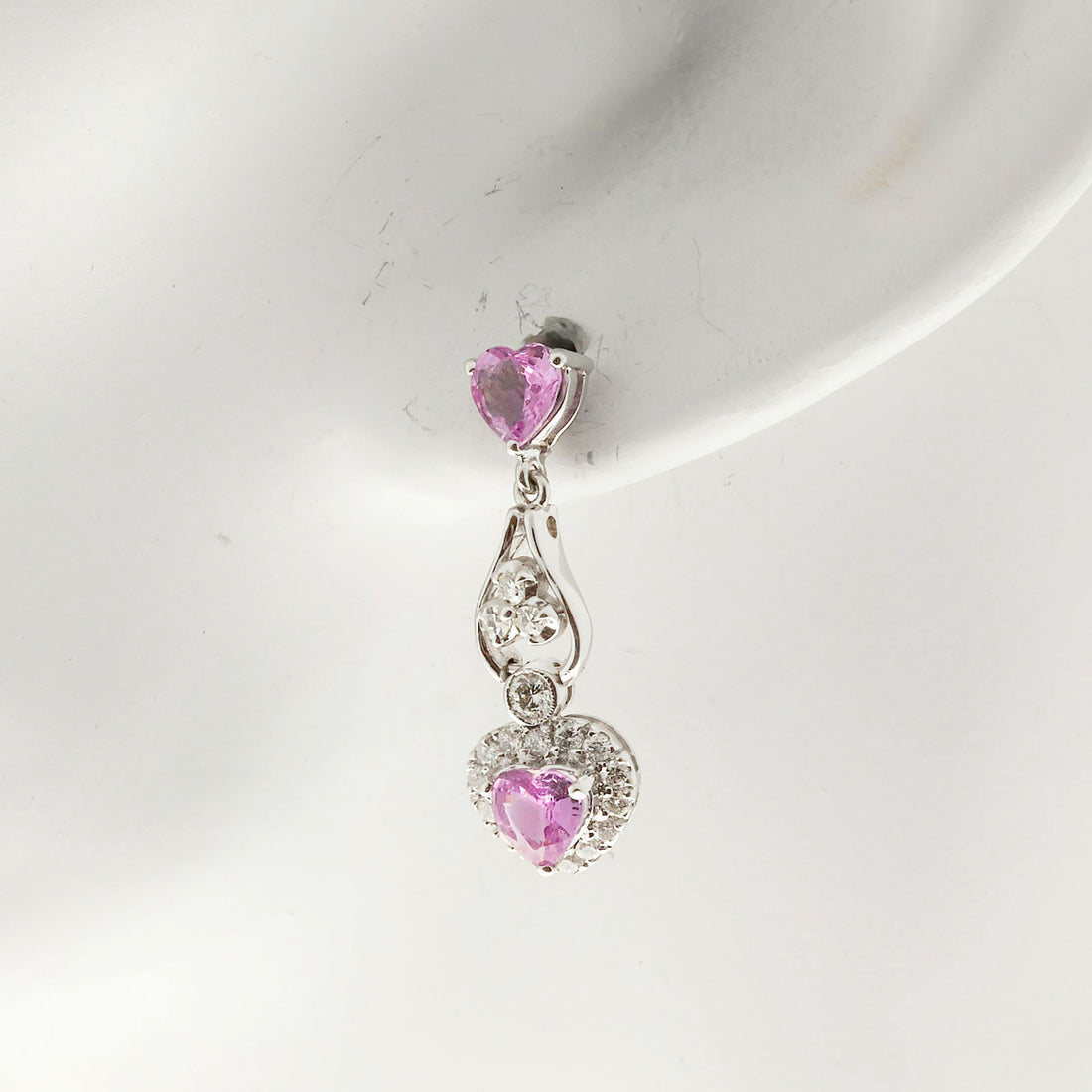 Vintage 2.30ct Heart Pink Sapphire 14k White Gold .29ct Diamond Dangle Earrings – image 4