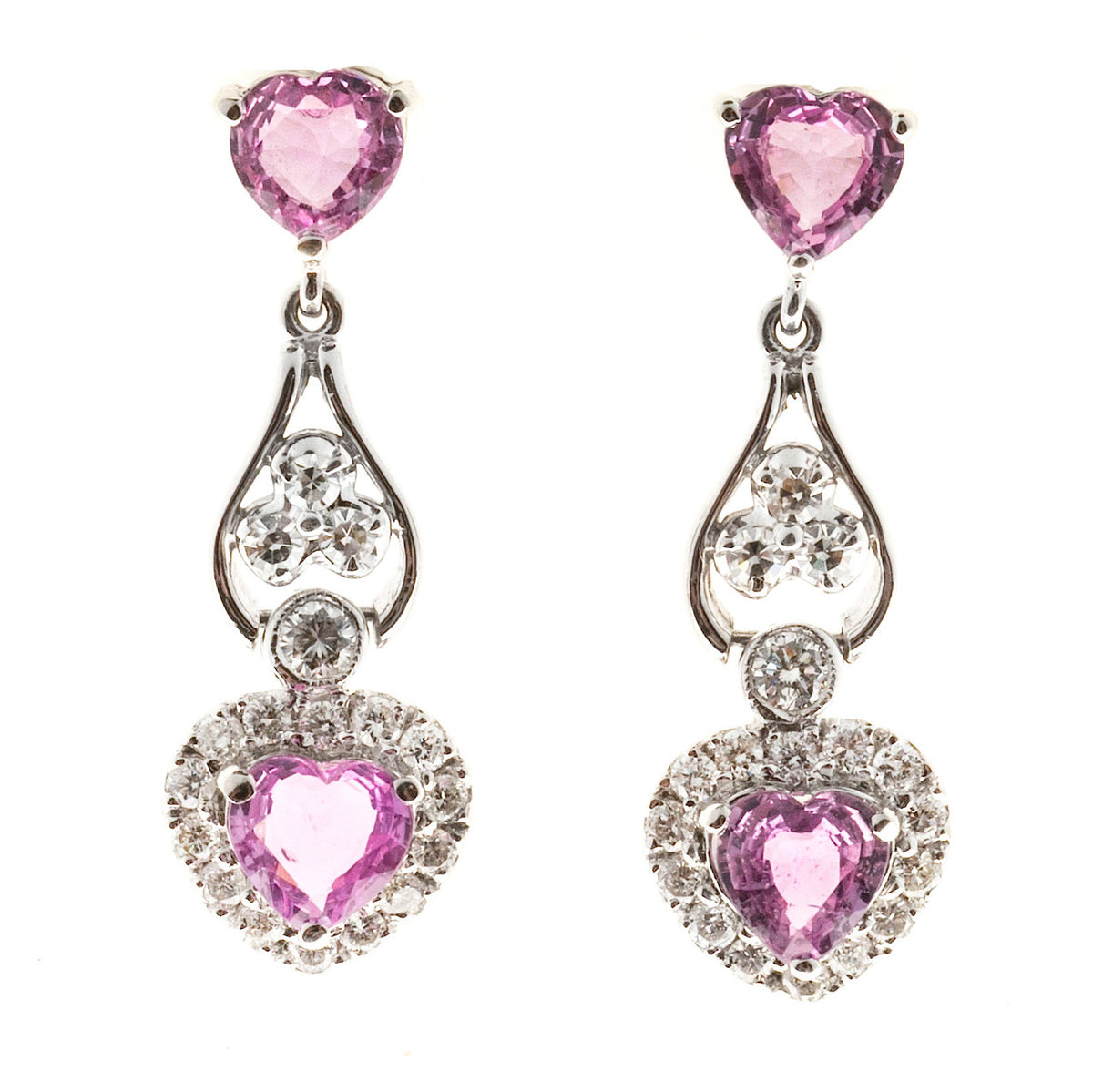Vintage 2.30ct Heart Pink Sapphire 14k White Gold .29ct Diamond Dangle Earrings
