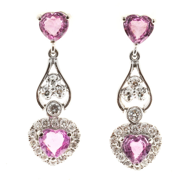 Vintage 2.30ct Heart Pink Sapphire 14k White Gold .29ct Diamond Dangle Earrings