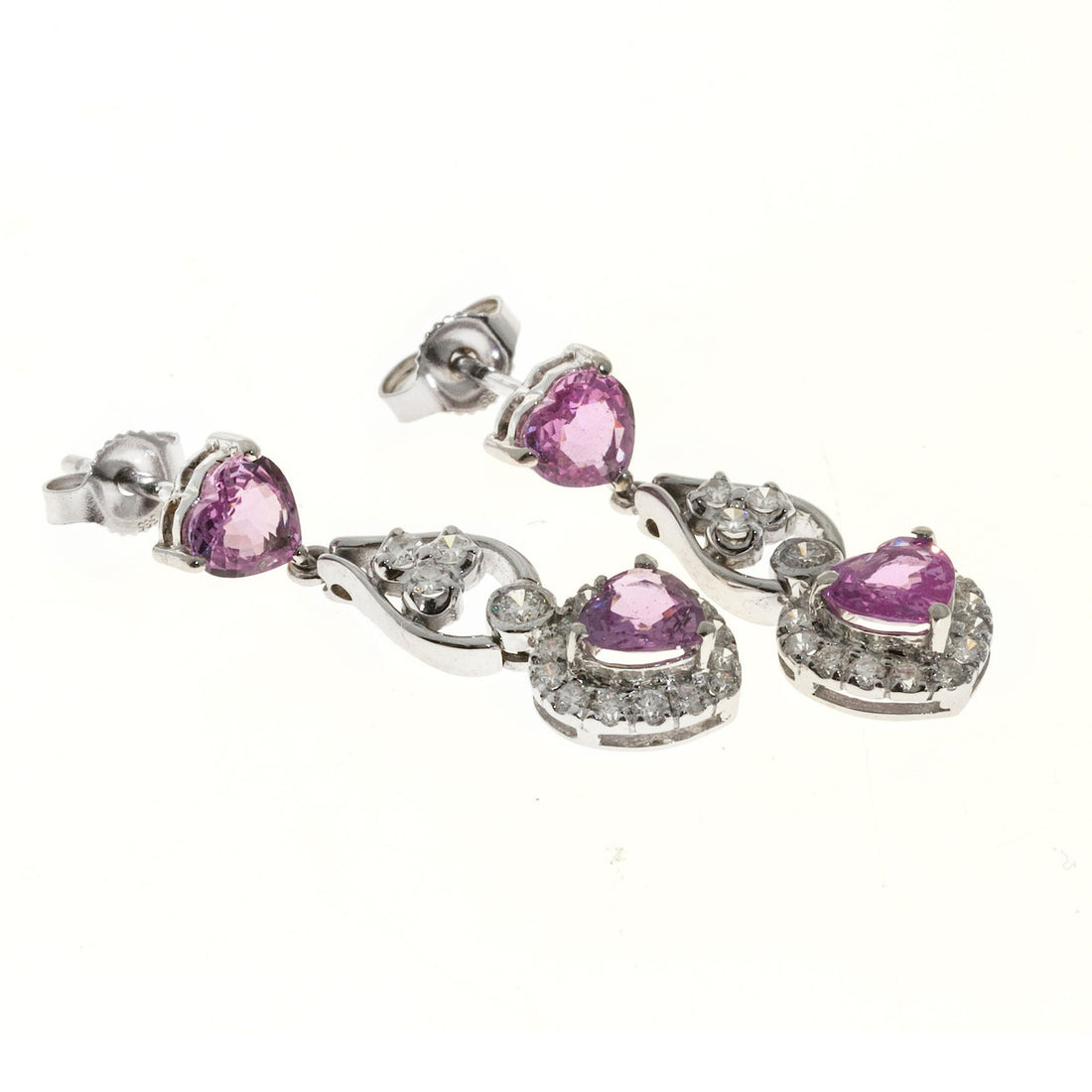 Vintage 2.30ct Heart Pink Sapphire 14k White Gold .29ct Diamond Dangle Earrings – image 2
