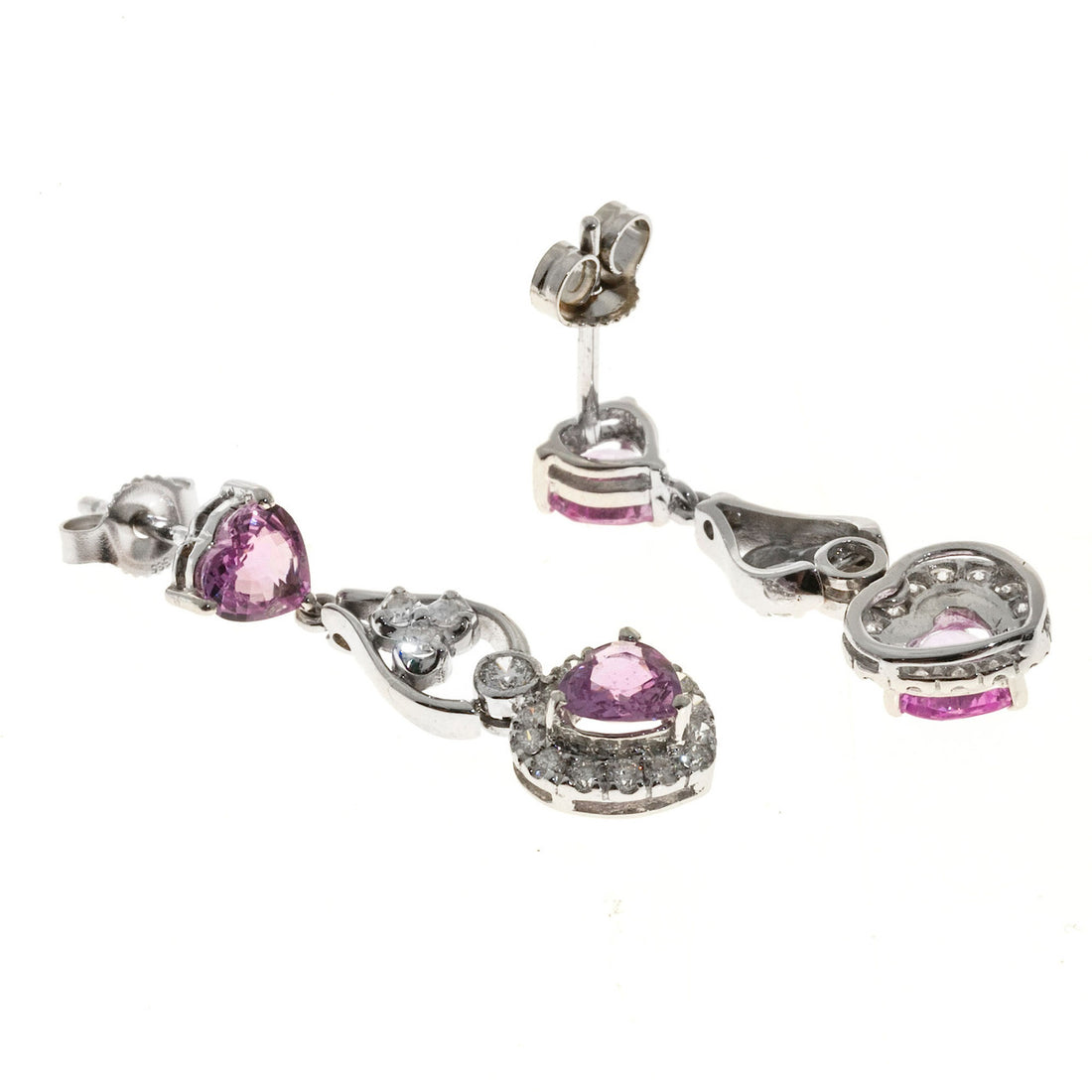 Vintage 2.30ct Heart Pink Sapphire 14k White Gold .29ct Diamond Dangle Earrings – image 3