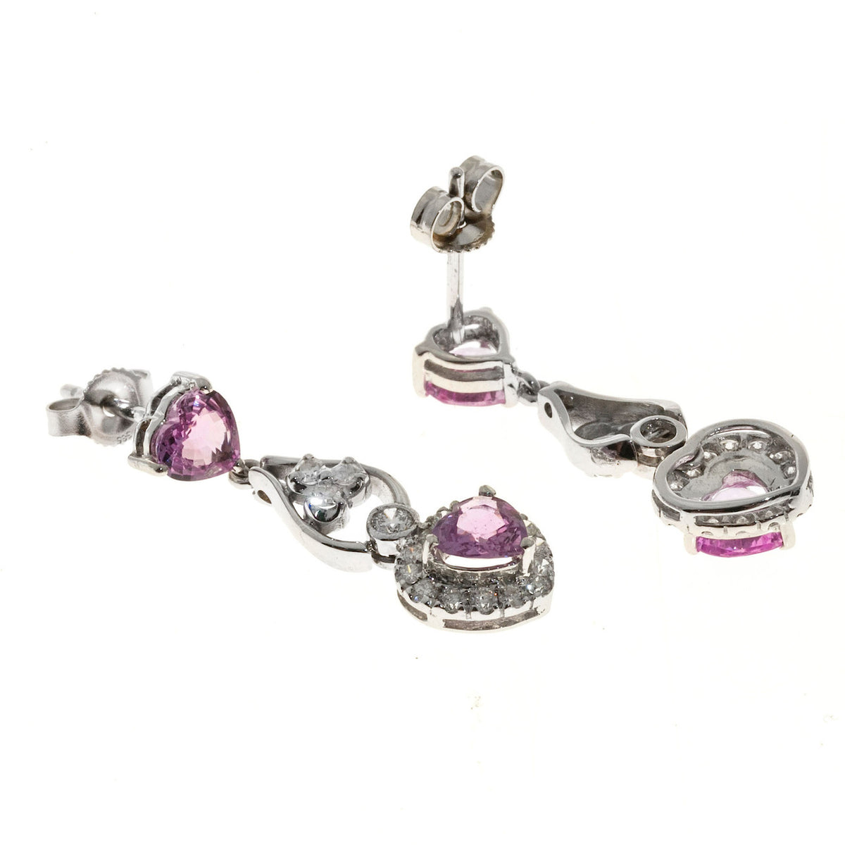 Vintage 2.30ct Heart Pink Sapphire 14k White Gold .29ct Diamond Dangle Earrings – image 3