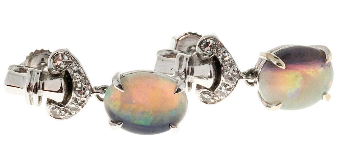 Vintage Art Deco 2.50ct Natural Opal 14k Diamond Dangle Earrings – image 3