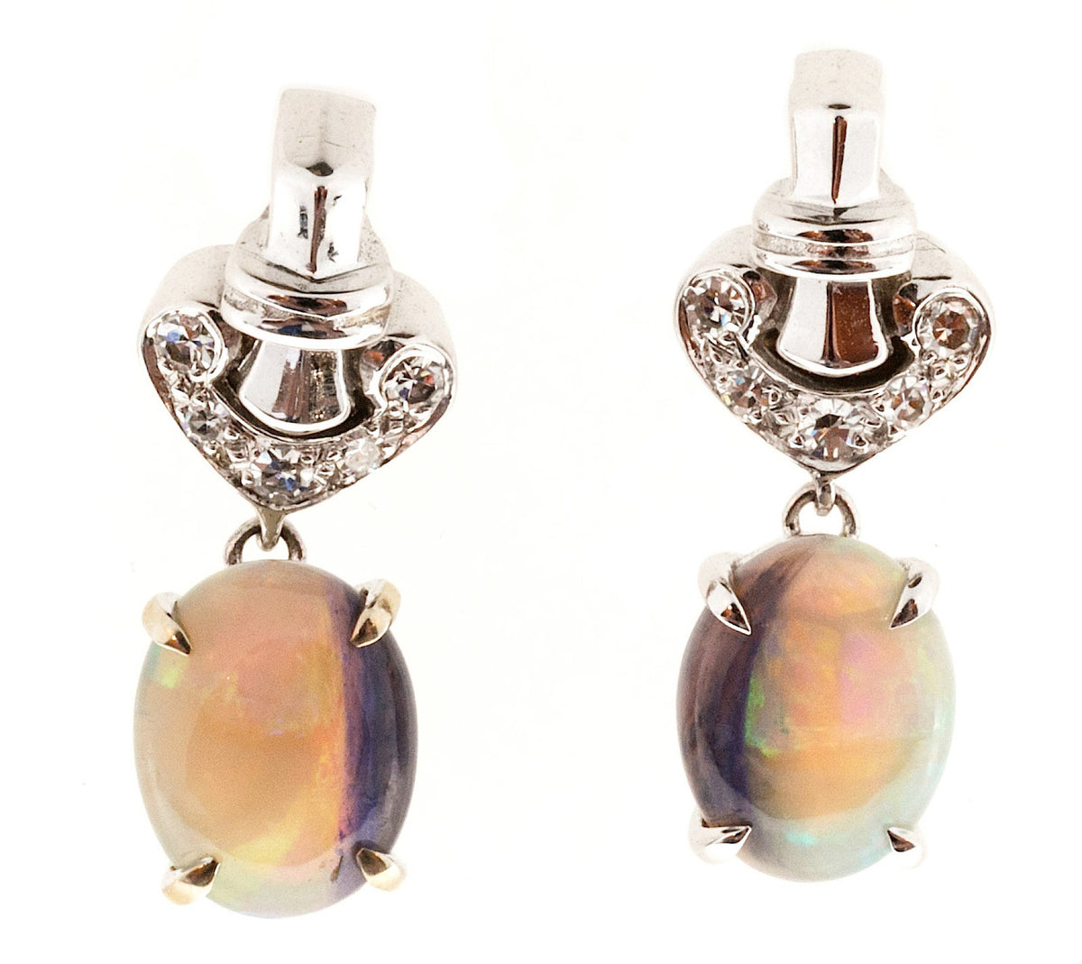 Vintage Art Deco 2.50ct Natural Opal 14k Diamond Dangle Earrings