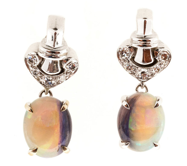 Vintage Art Deco 2.50ct Natural Opal 14k Diamond Dangle Earrings