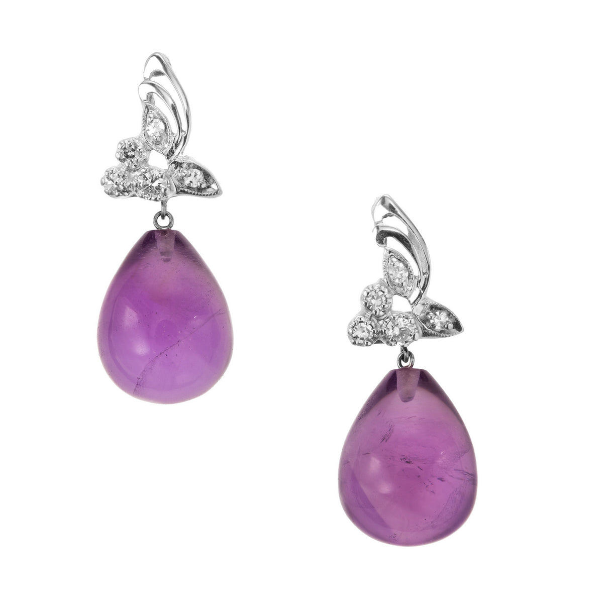 22.50ct Amethyst Tear Drop 14k White Gold Dangle Diamond Earrings