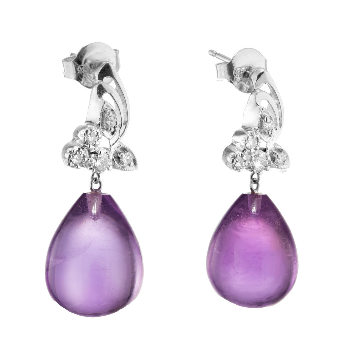 22.50ct Amethyst Tear Drop 14k White Gold Dangle Diamond Earrings – image 2