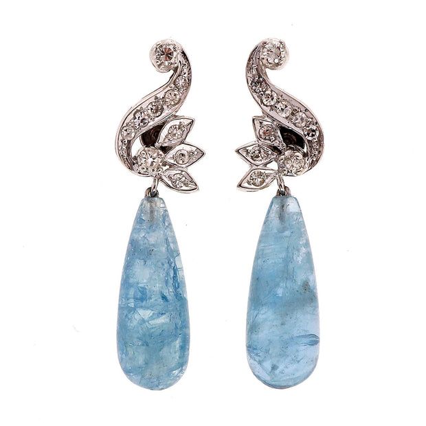 Vintage 17.00ct Natural Tear Drop Aqua 14k White Gold Dangle Diamond Earrings