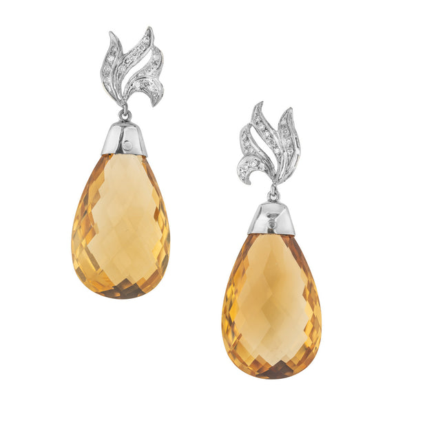 55.00 Carat Yellow Citrine Briolette Diamond White Gold Dangle Earrings
