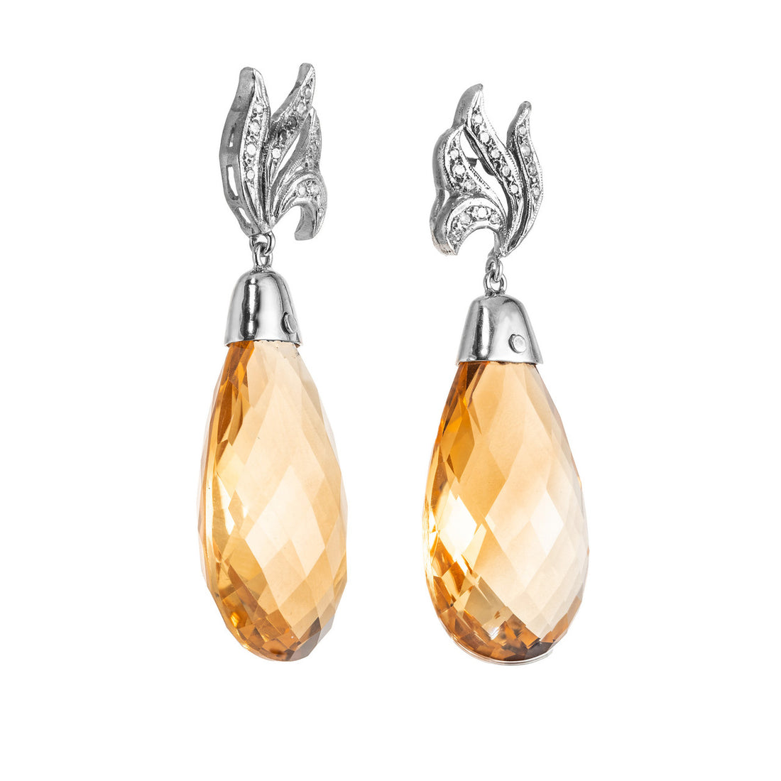 55.00 Carat Yellow Citrine Briolette Diamond White Gold Dangle Earrings – image 4