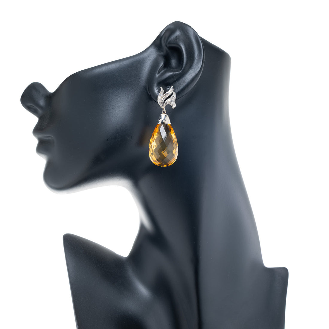 55.00 Carat Yellow Citrine Briolette Diamond White Gold Dangle Earrings – image 3