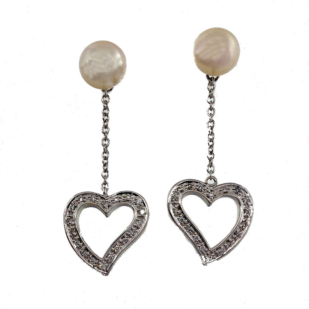 Estate MIMI Cultured Pearl Double Sided Diamond Heart Dangle Earrings