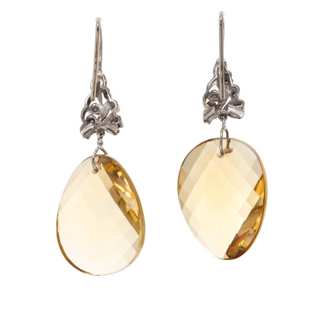 43.00 Carat Swirl Faceted Natural Lemon Quartz Diamond Gold Dangle Earrings – image 2