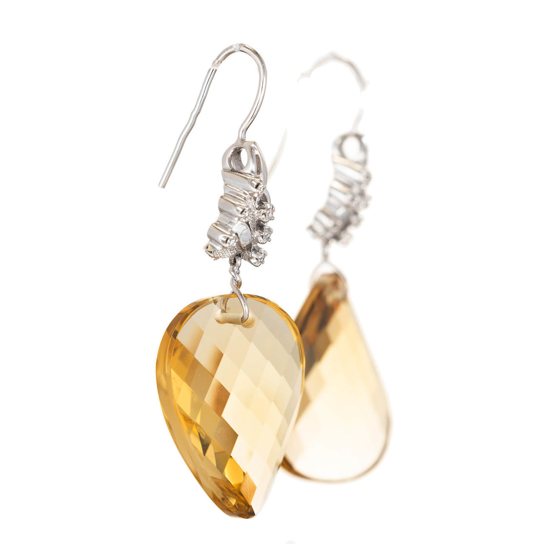 43.00 Carat Swirl Faceted Natural Lemon Quartz Diamond Gold Dangle Earrings – image 4