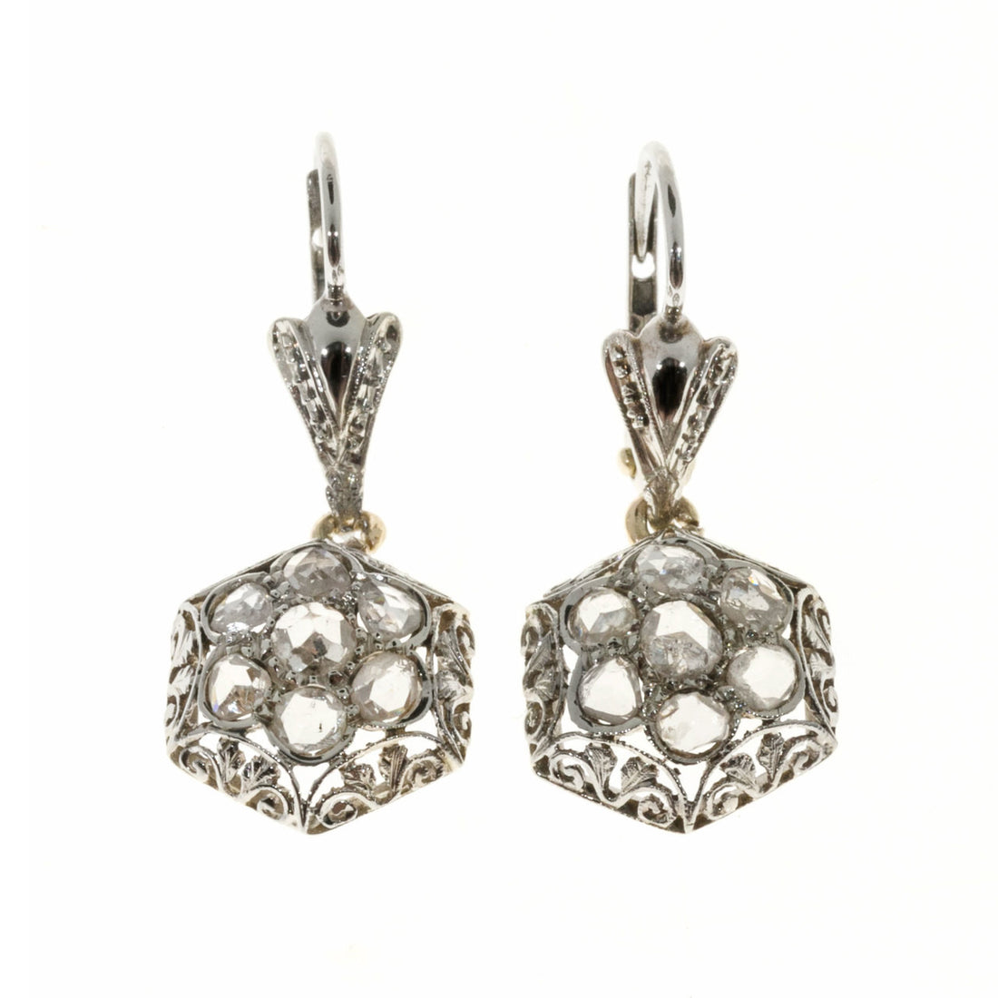 Vintage Rose Cut Diamond Dangle Earrings 18k White Gold – image 4