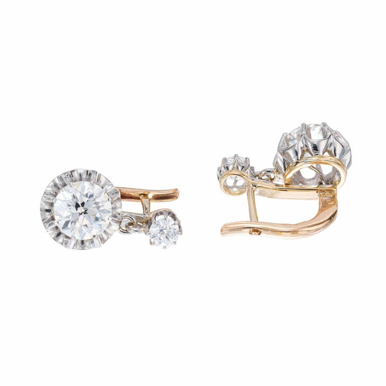 GIA Certified 2.63 Carat Diamonds Yellow Gold Platinum Dangle Earrings – image 3