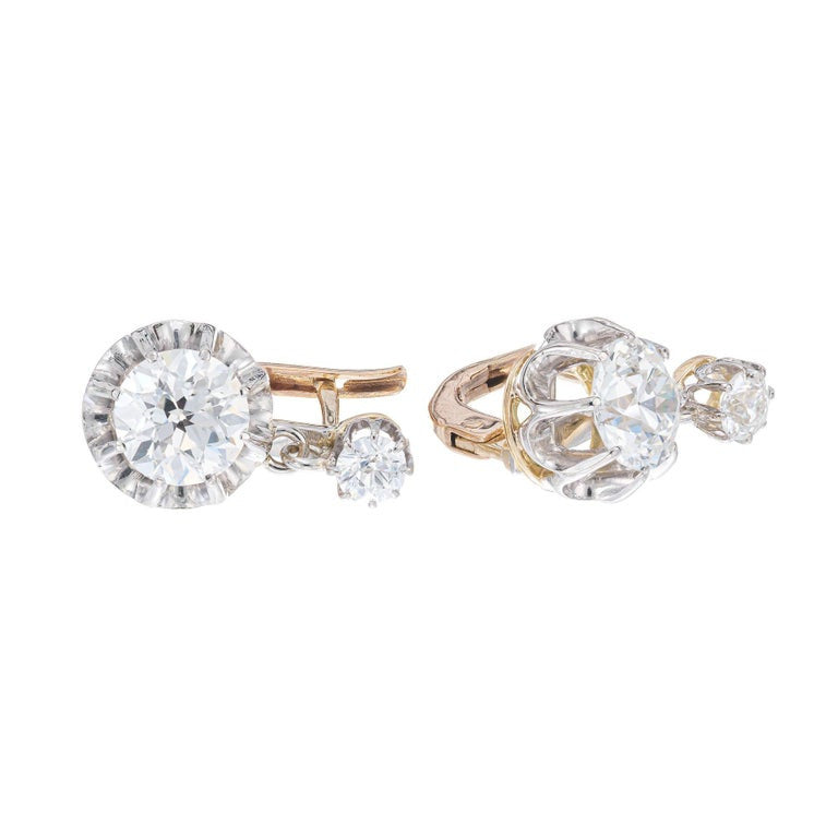 GIA Certified 2.63 Carat Diamonds Yellow Gold Platinum Dangle Earrings – image 2