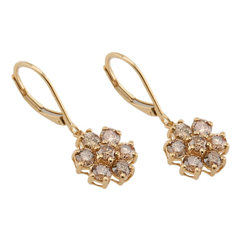 1.50 Carat Champagne Diamond Gold Flower Dangle Earrings – image 5