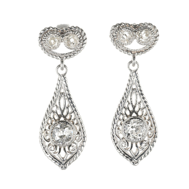 Antique Diamond Open Work Platinum Dangle Earrings