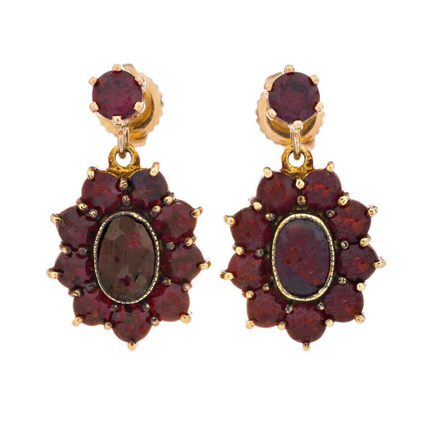 3.04 Carat Garnet Yellow Gold Dangle Cluster Earrings