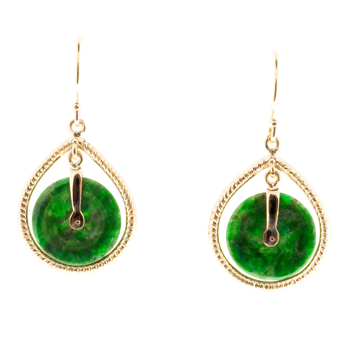 GIA Certified Natural Round Jadeite Jade Gold Dangle Earrings