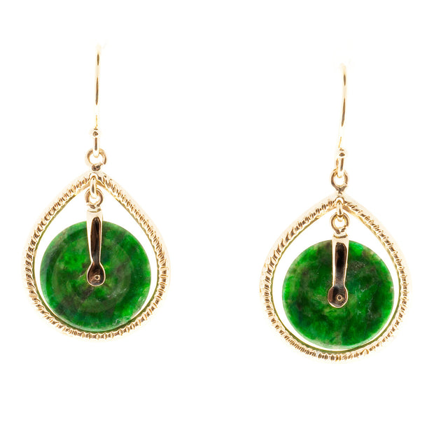 GIA Certified Natural Round Jadeite Jade Gold Dangle Earrings