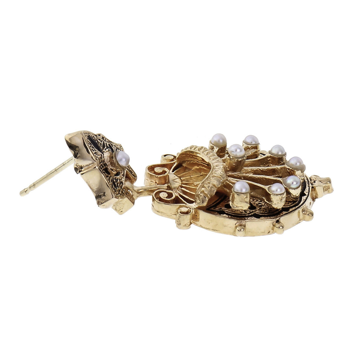 Vintage 1940 Victorian Inspired Black Enamel Pearl Dangle Earrings 14k Gold – image 3