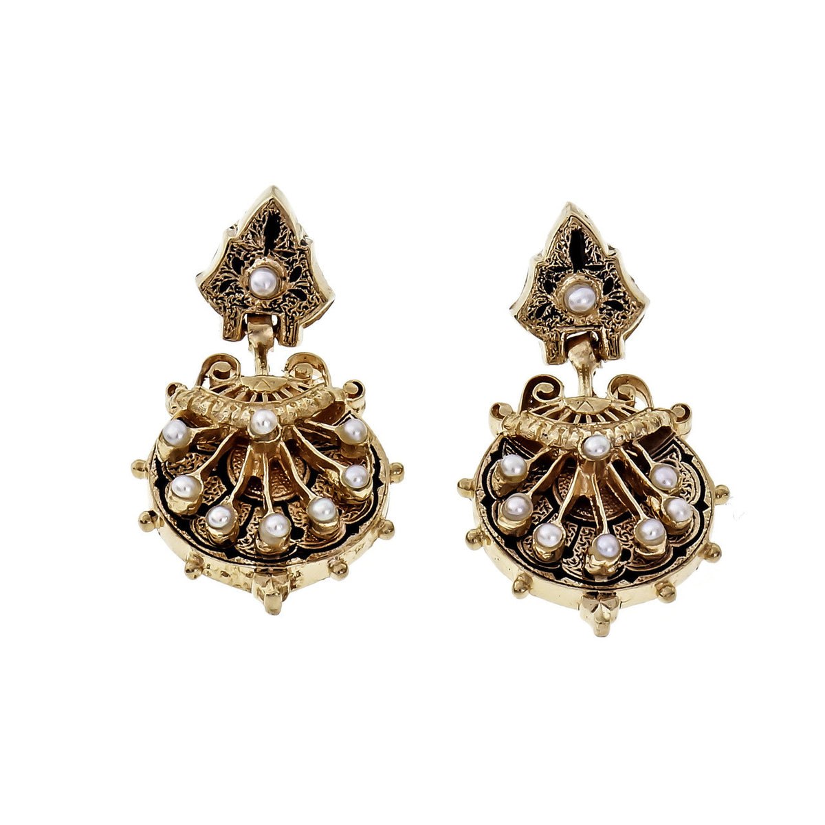 Vintage 1940 Victorian Inspired Black Enamel Pearl Dangle Earrings 14k Gold