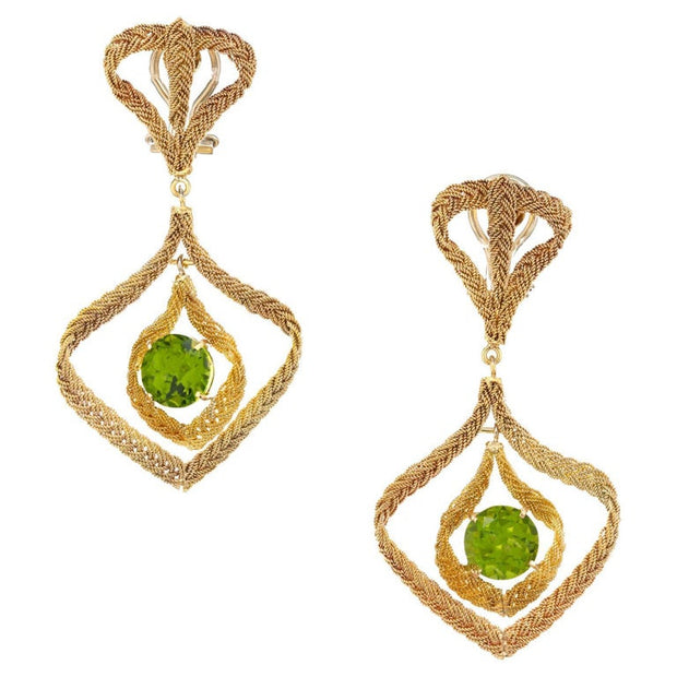 Estate Hand Woven Italian Peridot Dangle Earrings 18k Yellow Gold