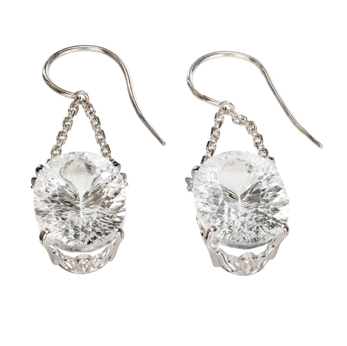 Vintage 22.5ct Cut Oval White Topaz Scroll Settings 14k Wire Dangle Earrings – image 3