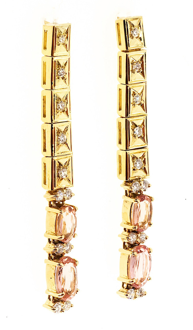 Vintage 18k Gold 1 3/4 Inch Precious Pink Precious Topaz Diamond Dangle Earrings – image 3
