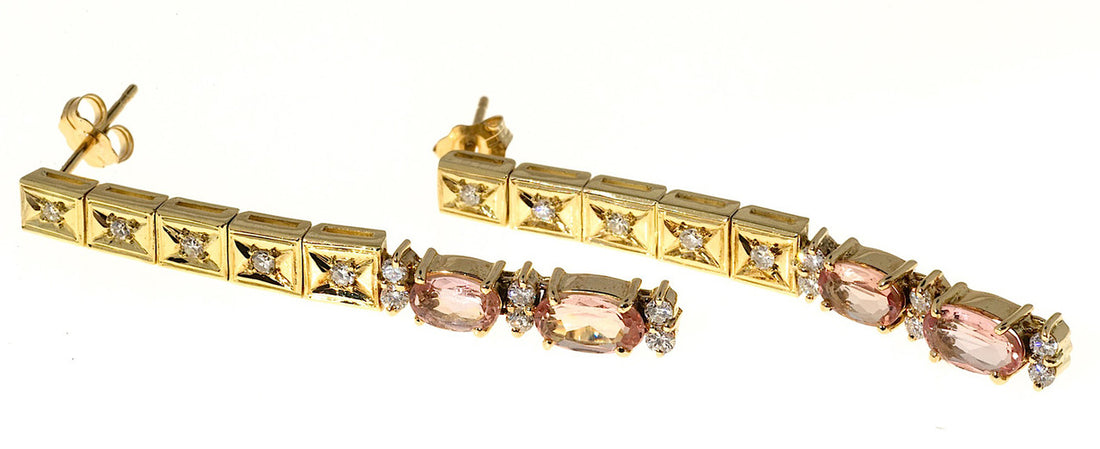 Vintage 18k Gold 1 3/4 Inch Precious Pink Precious Topaz Diamond Dangle Earrings – image 4