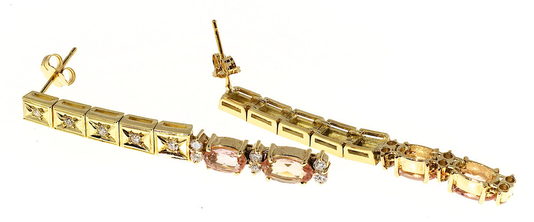 Vintage 18k Gold 1 3/4 Inch Precious Pink Precious Topaz Diamond Dangle Earrings – image 5